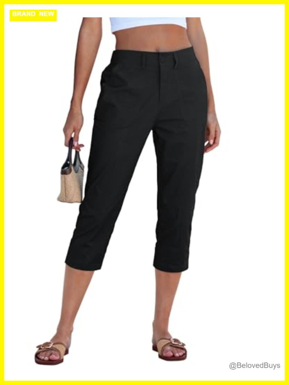 High Rise Capri Pants Tapered Leg Elastic Waist Casual Trousers with Pockets